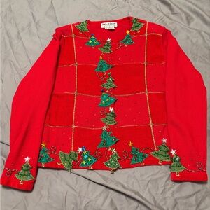 Jack B. Quick Christmas sweater red with green Christmas tree appliqués